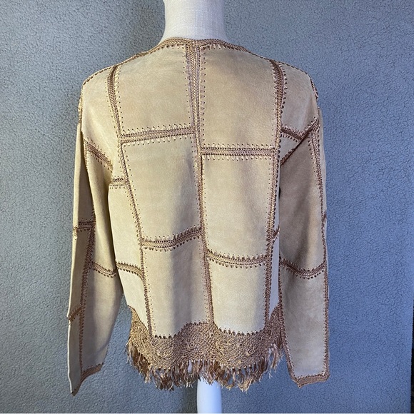 Lisa Intl Vintage Suede Jacket Woman’s L Large Crochet Tan Brown - Picture 7 of 13